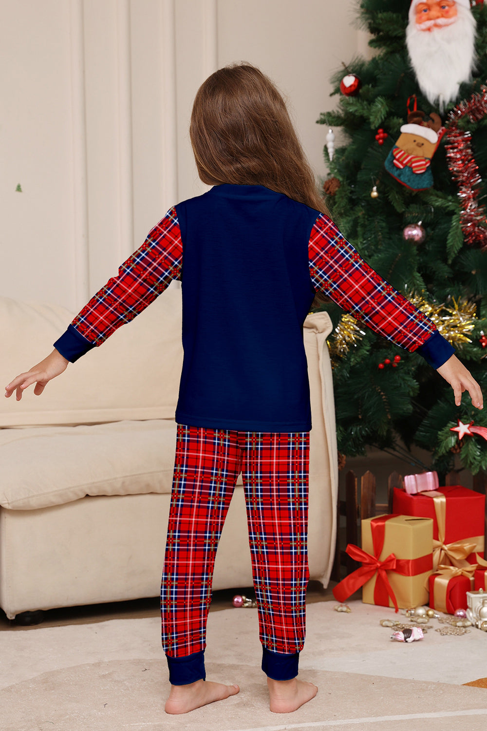 Ensemble de pyjama de Noël rouge marine à carreaux à manches longues