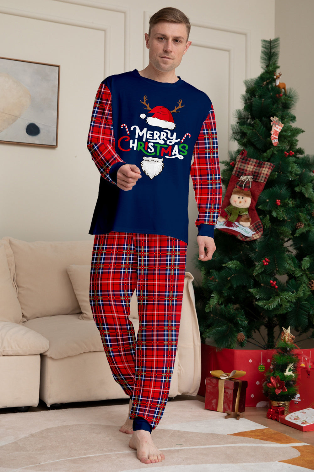 Ensemble de pyjama de Noël rouge marine à carreaux à manches longues