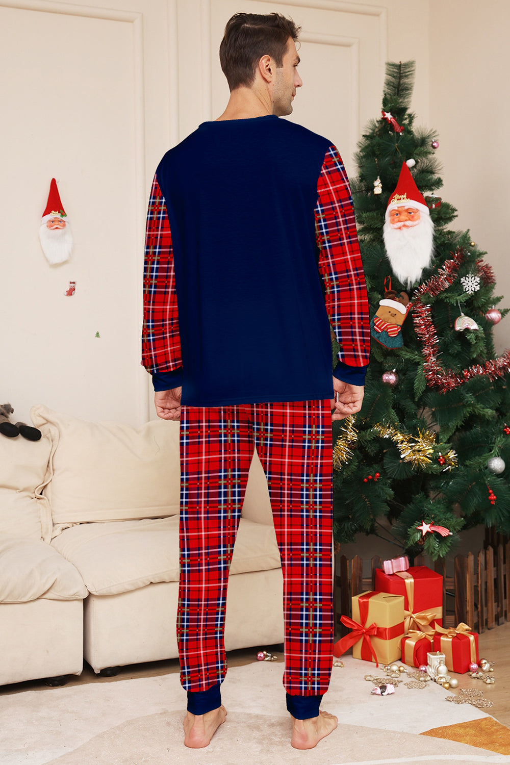 Ensemble de pyjama de Noël rouge marine à carreaux à manches longues