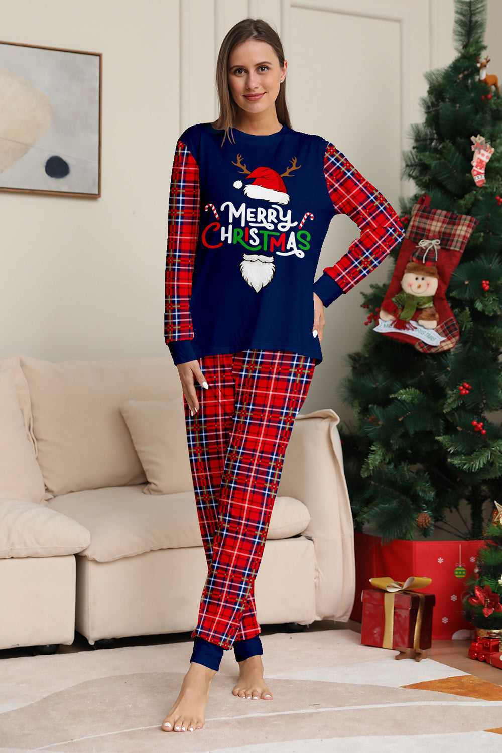 Ensemble de pyjama de Noël rouge marine à carreaux à manches longues