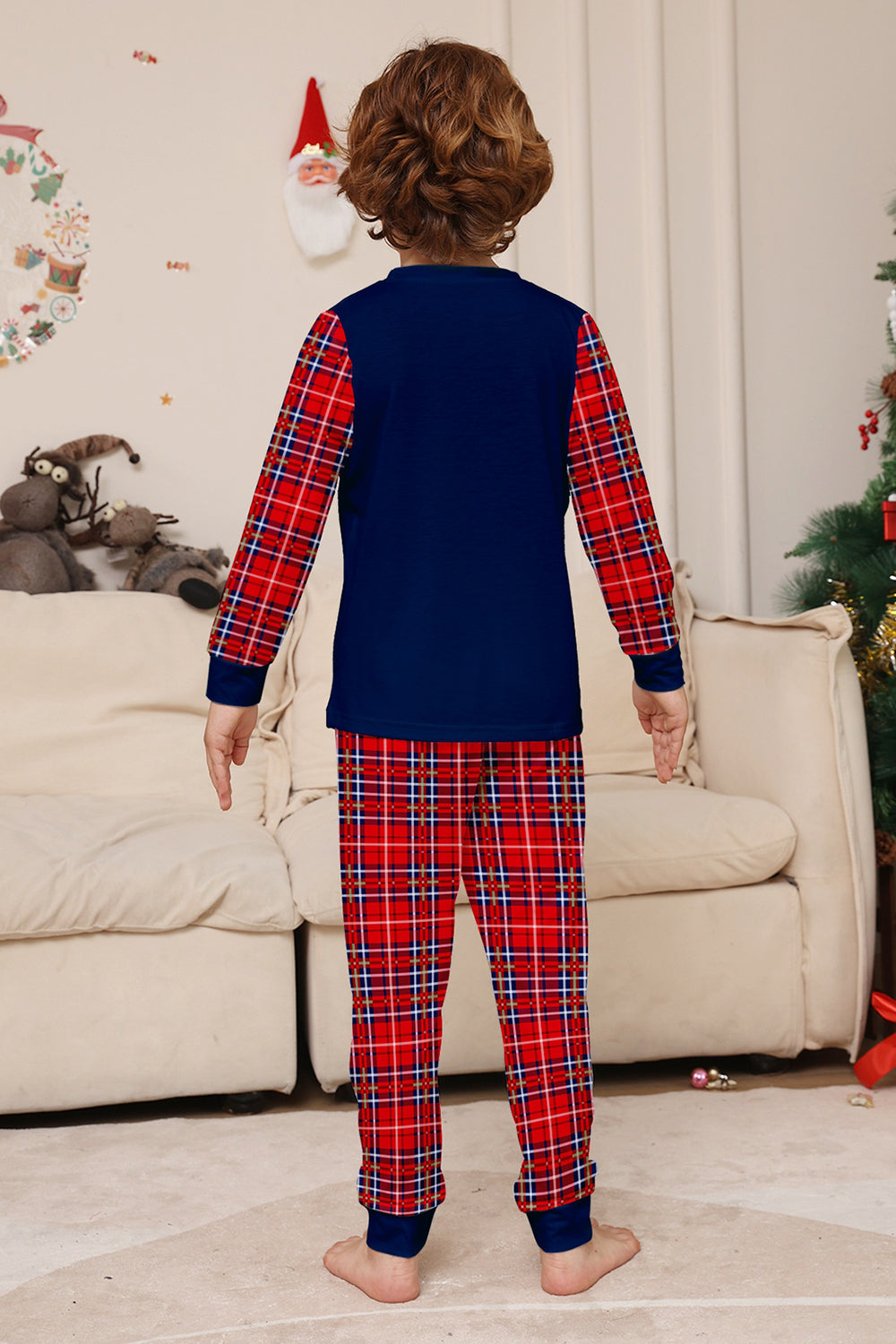 Ensemble de pyjama de Noël rouge marine à carreaux à manches longues