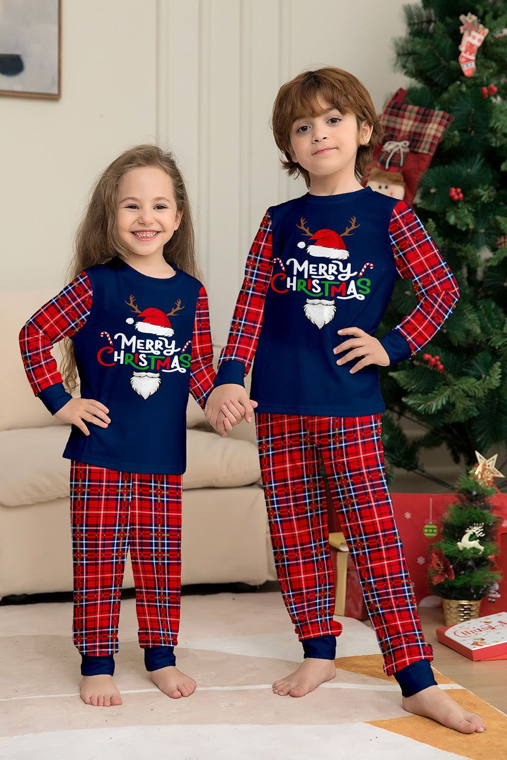 Ensemble de pyjama de Noël rouge marine à carreaux à manches longues