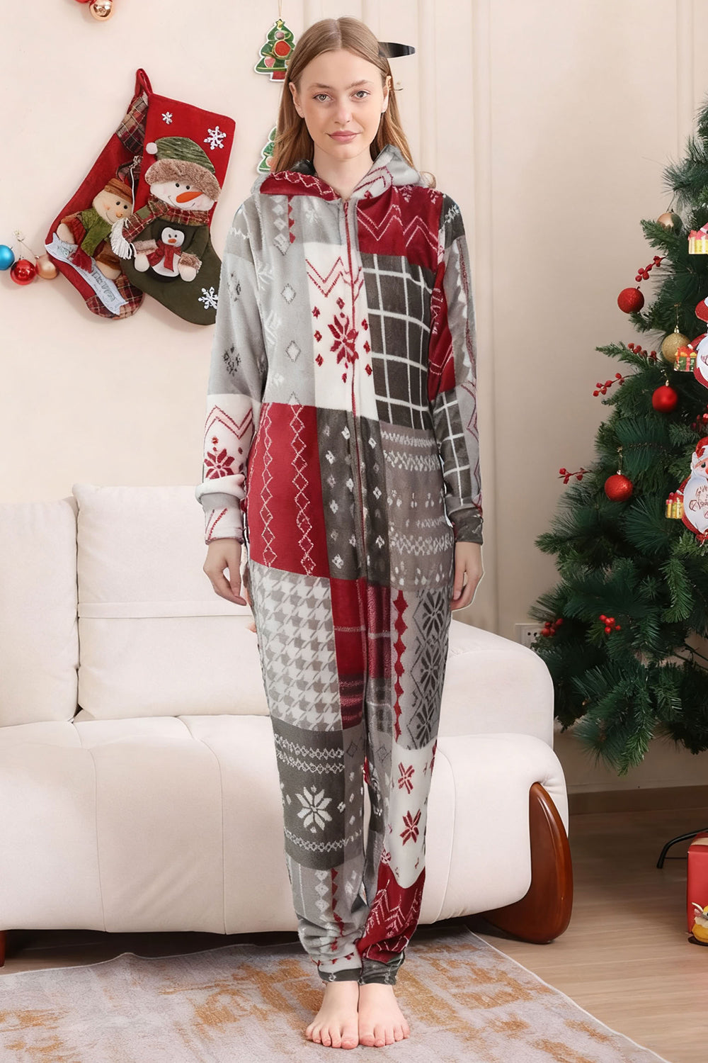 Pyjama familial assorti imprimé flocon de neige gris rouge