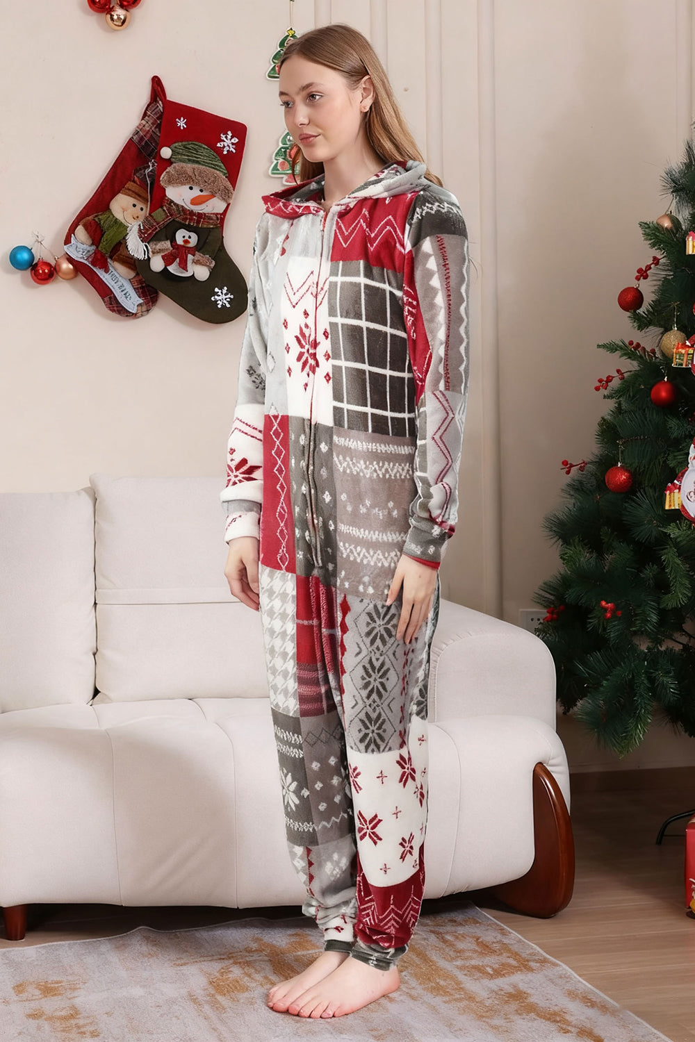 Pyjama familial assorti imprimé flocon de neige gris rouge