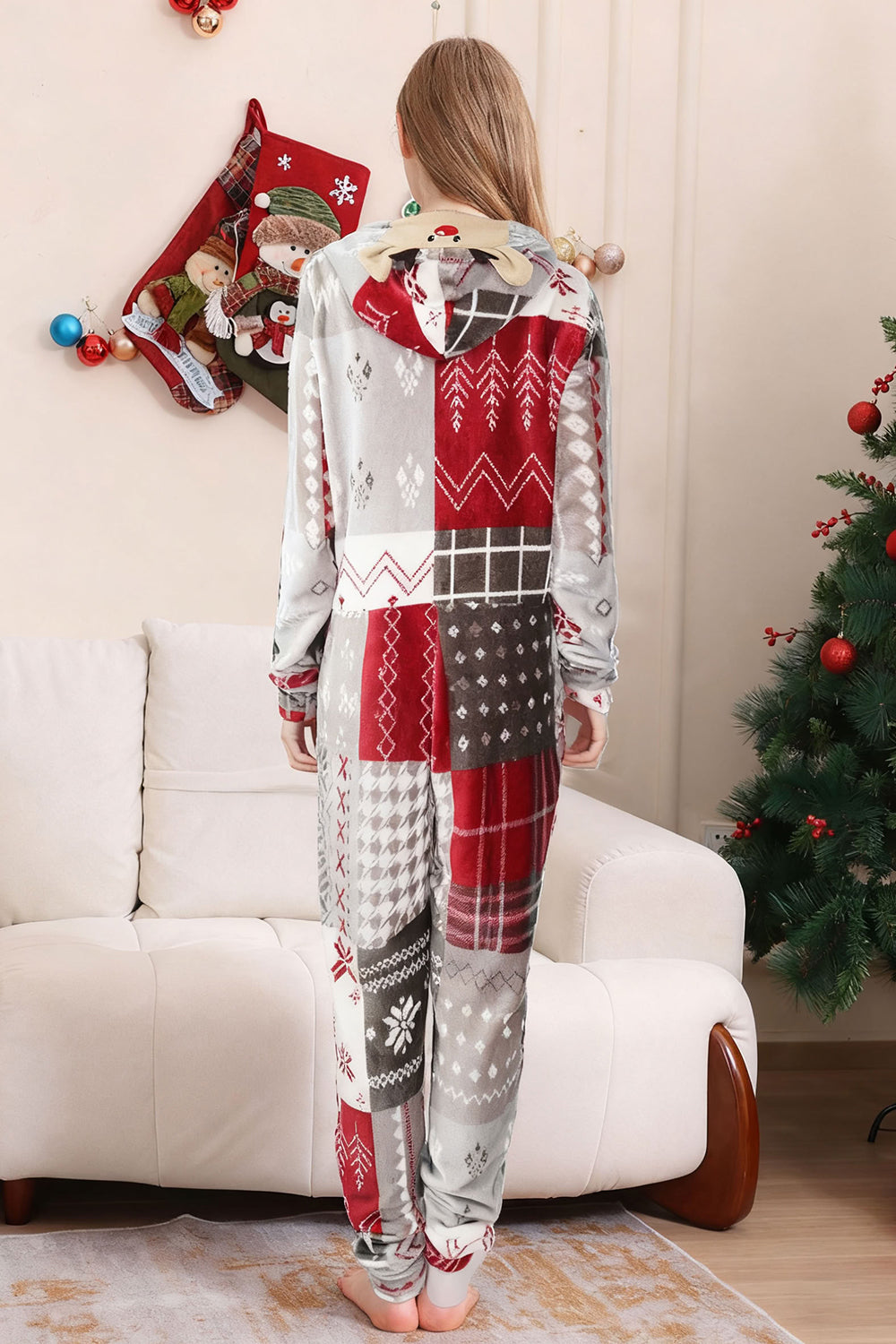 Pyjama familial assorti imprimé flocon de neige gris rouge