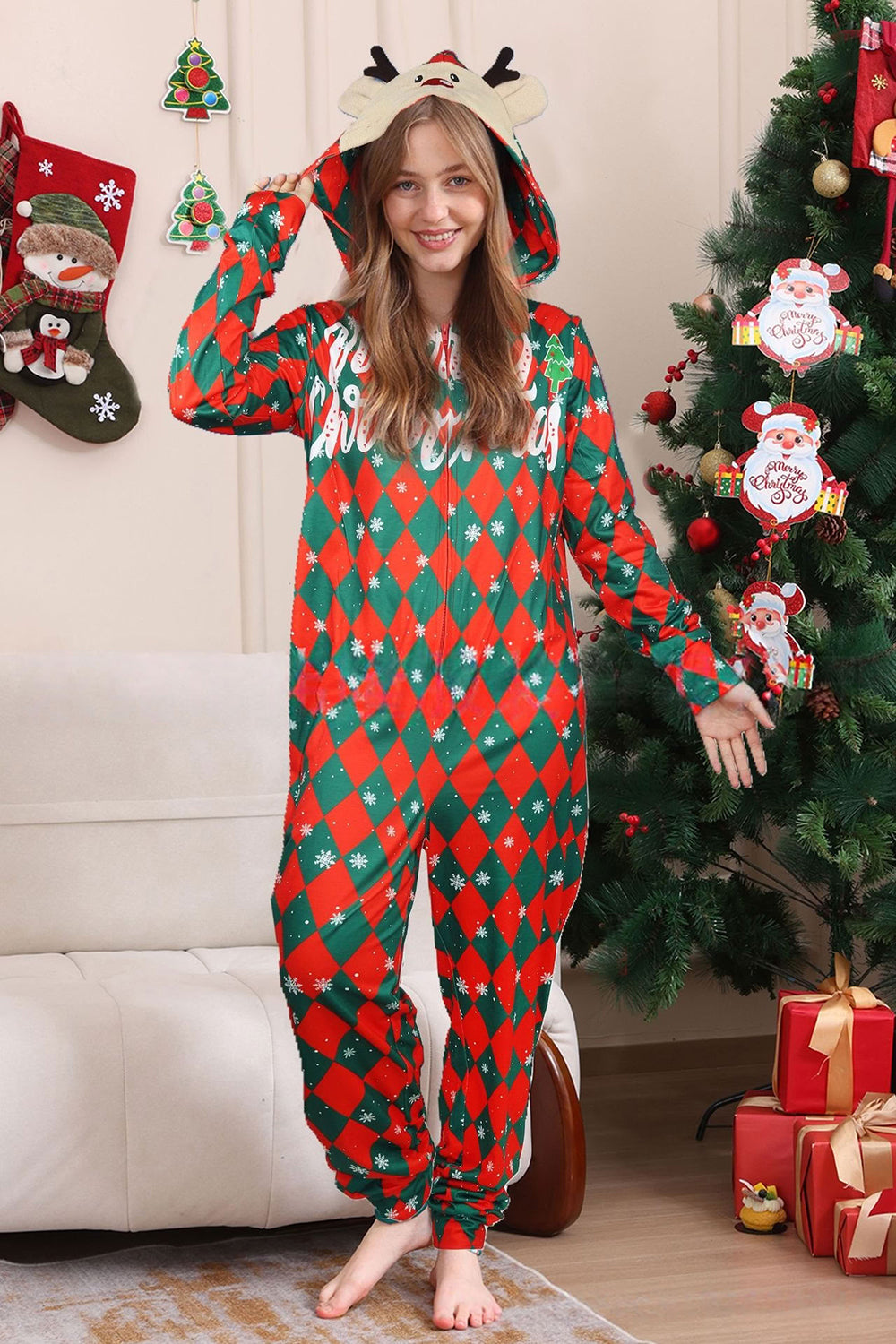 Vert Rouge Une Pièce Flocon de Neige Imprimé Plaid Pyjama Familial Assorti