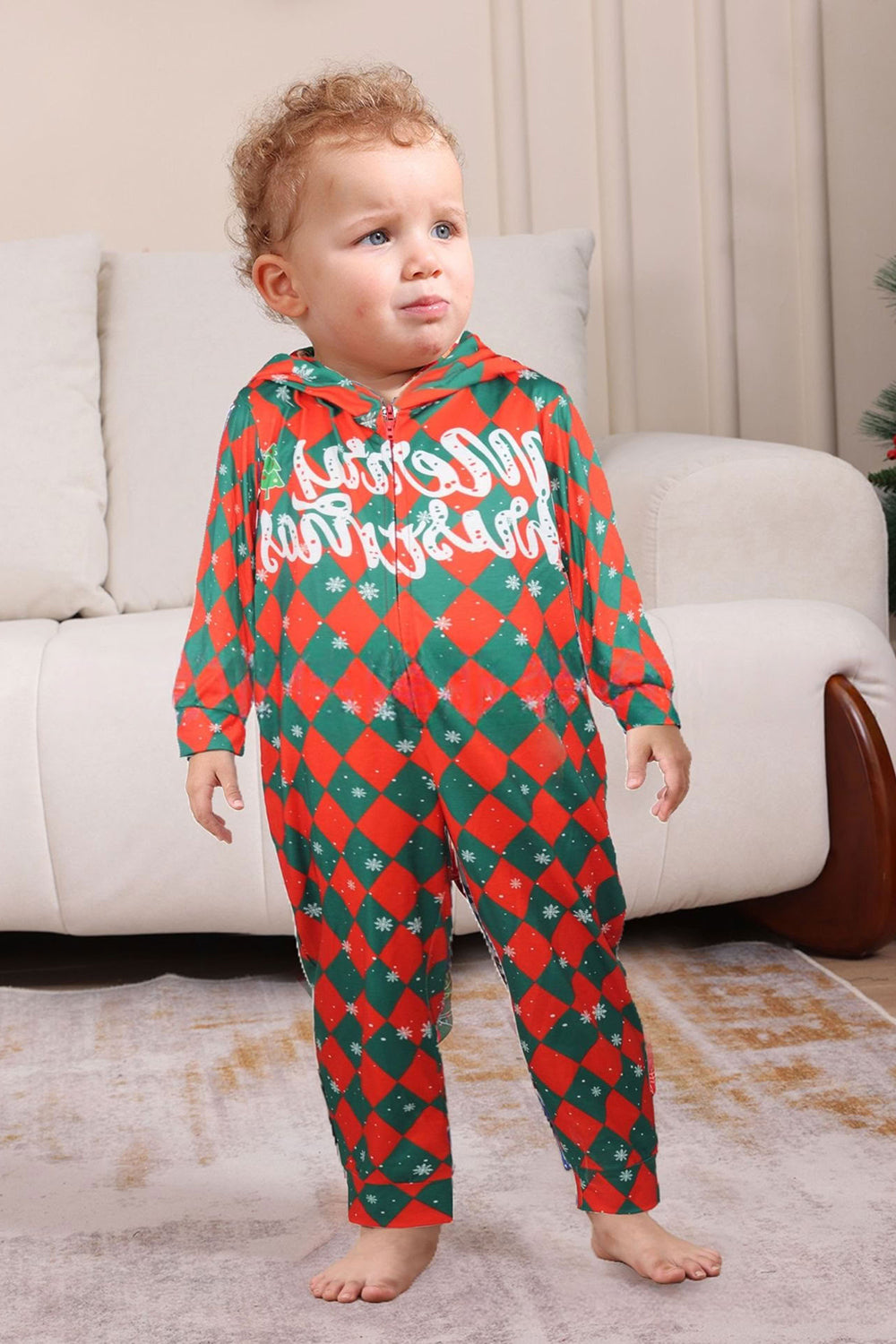 Vert Rouge Une Pièce Flocon de Neige Imprimé Plaid Pyjama Familial Assorti