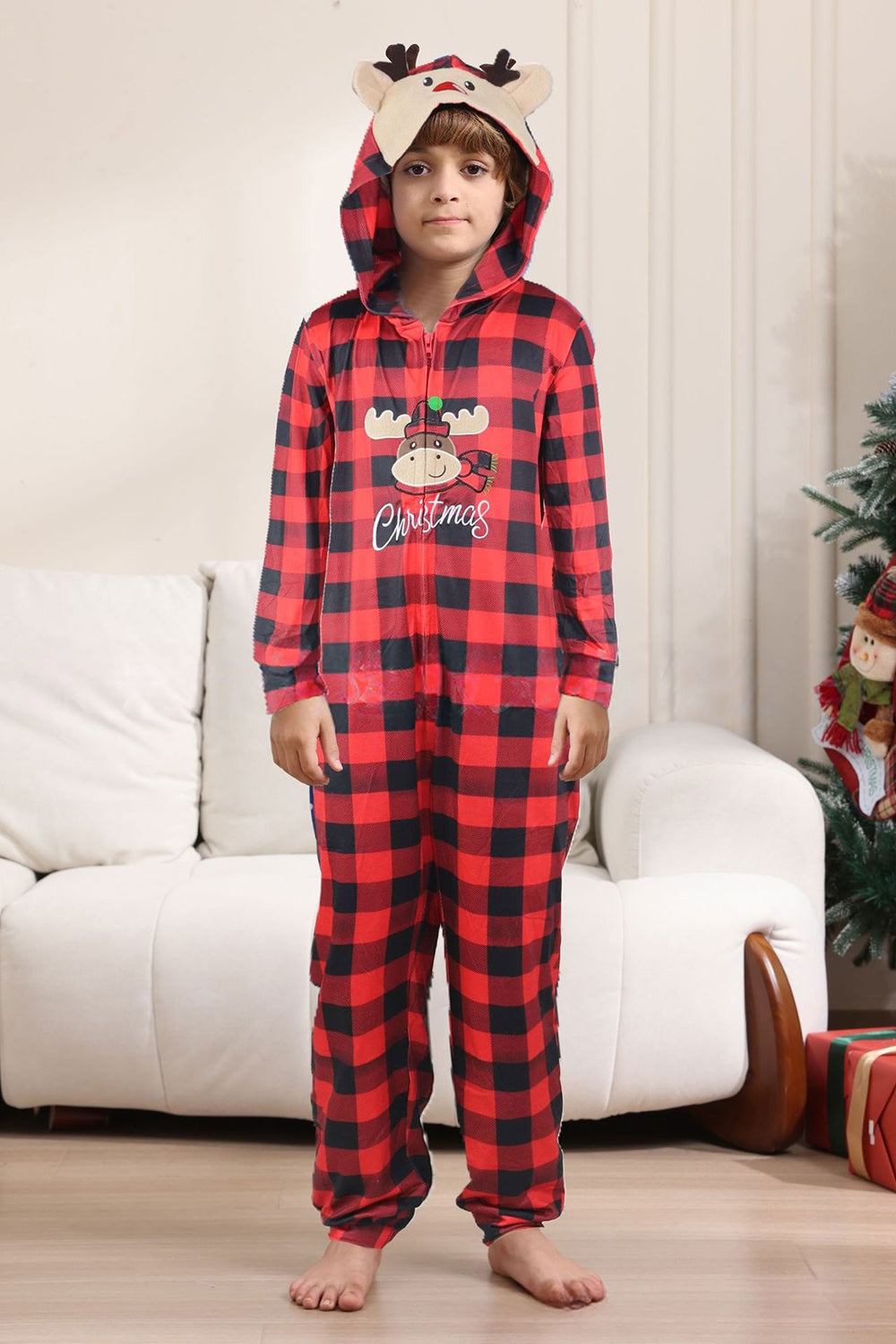 Pyjama familial une pièce rouge à carreaux imprimé cerf assorti