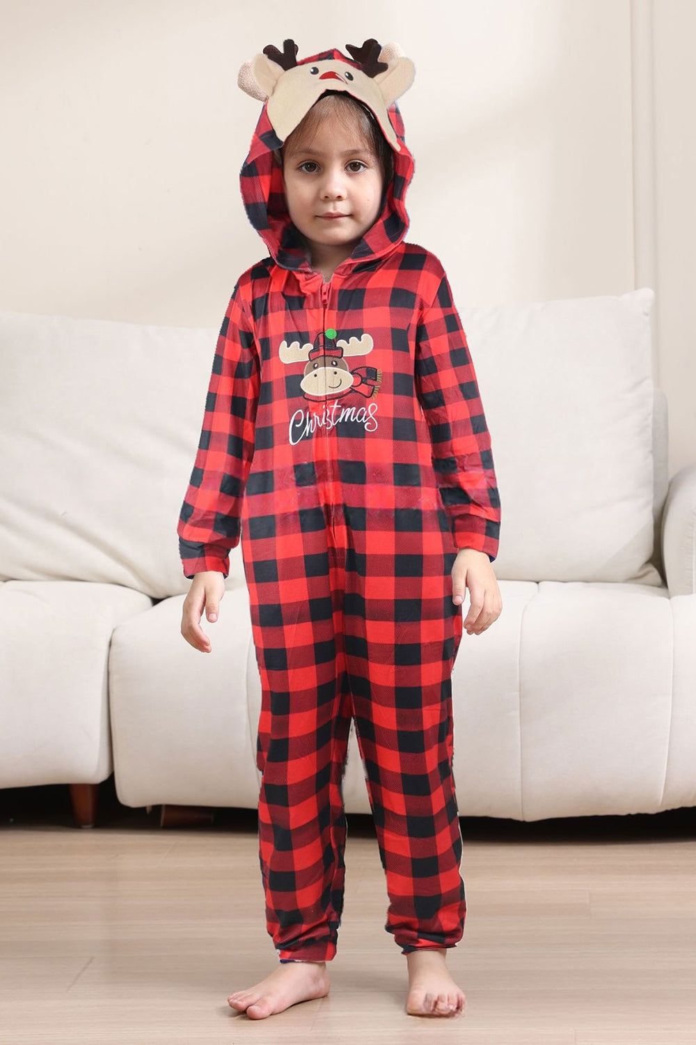Pyjama familial une pièce rouge à carreaux imprimé cerf assorti