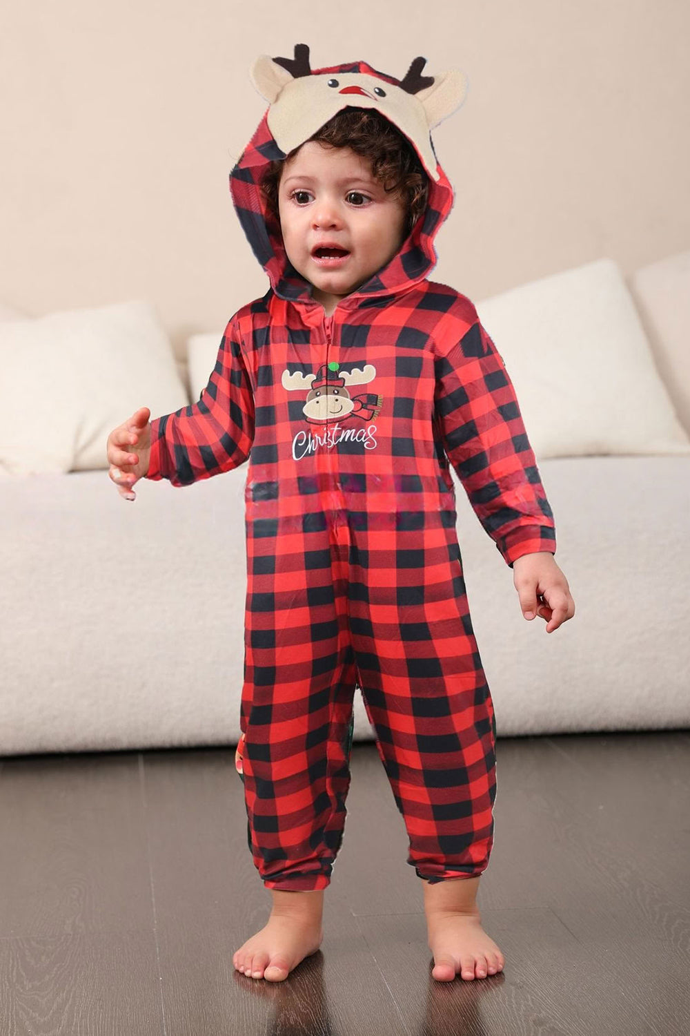 Pyjama familial une pièce rouge à carreaux imprimé cerf assorti
