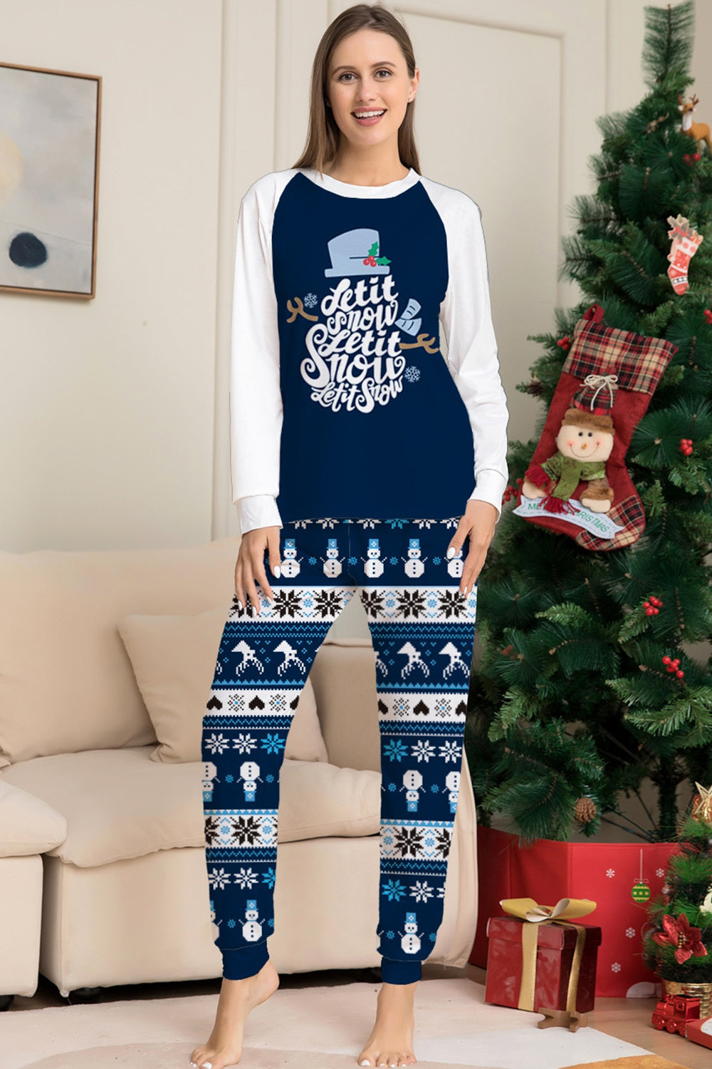 Pantalon rayé à manches longues bleu foncé Ensemble pyjama de Noël imprimé