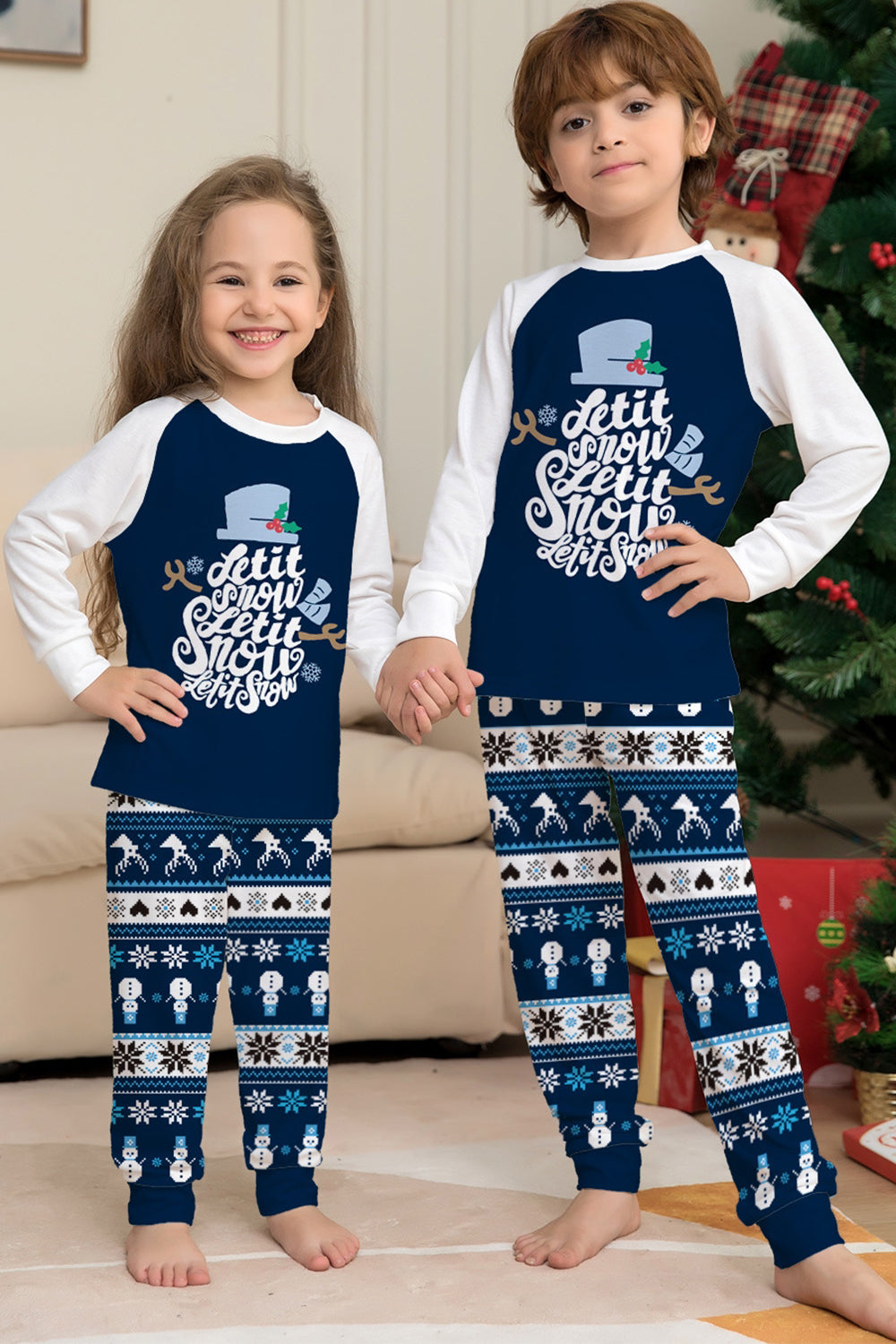 Pantalon rayé à manches longues bleu foncé Ensemble pyjama de Noël imprimé