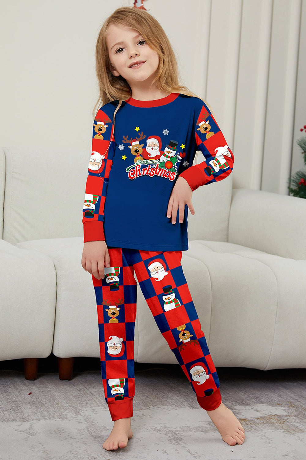 Pantalon à carreaux bleu foncé imprimé à manches longues Ensemble de pyjama de Noël