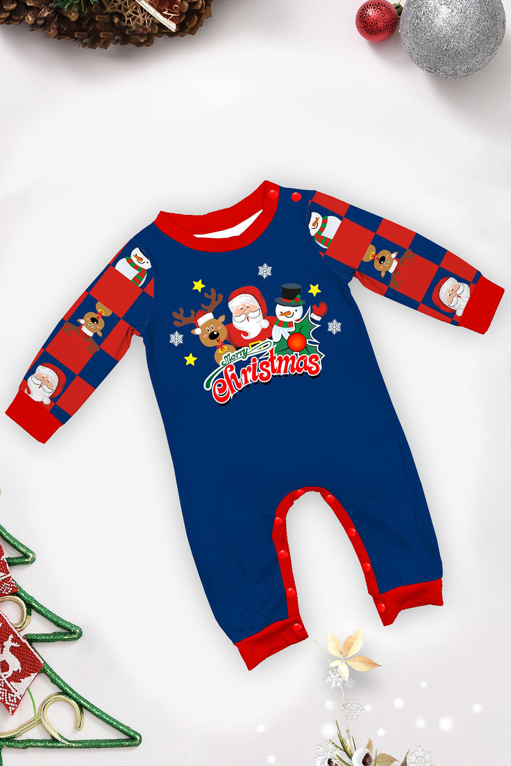 Pantalon à carreaux bleu foncé imprimé à manches longues Ensemble de pyjama de Noël