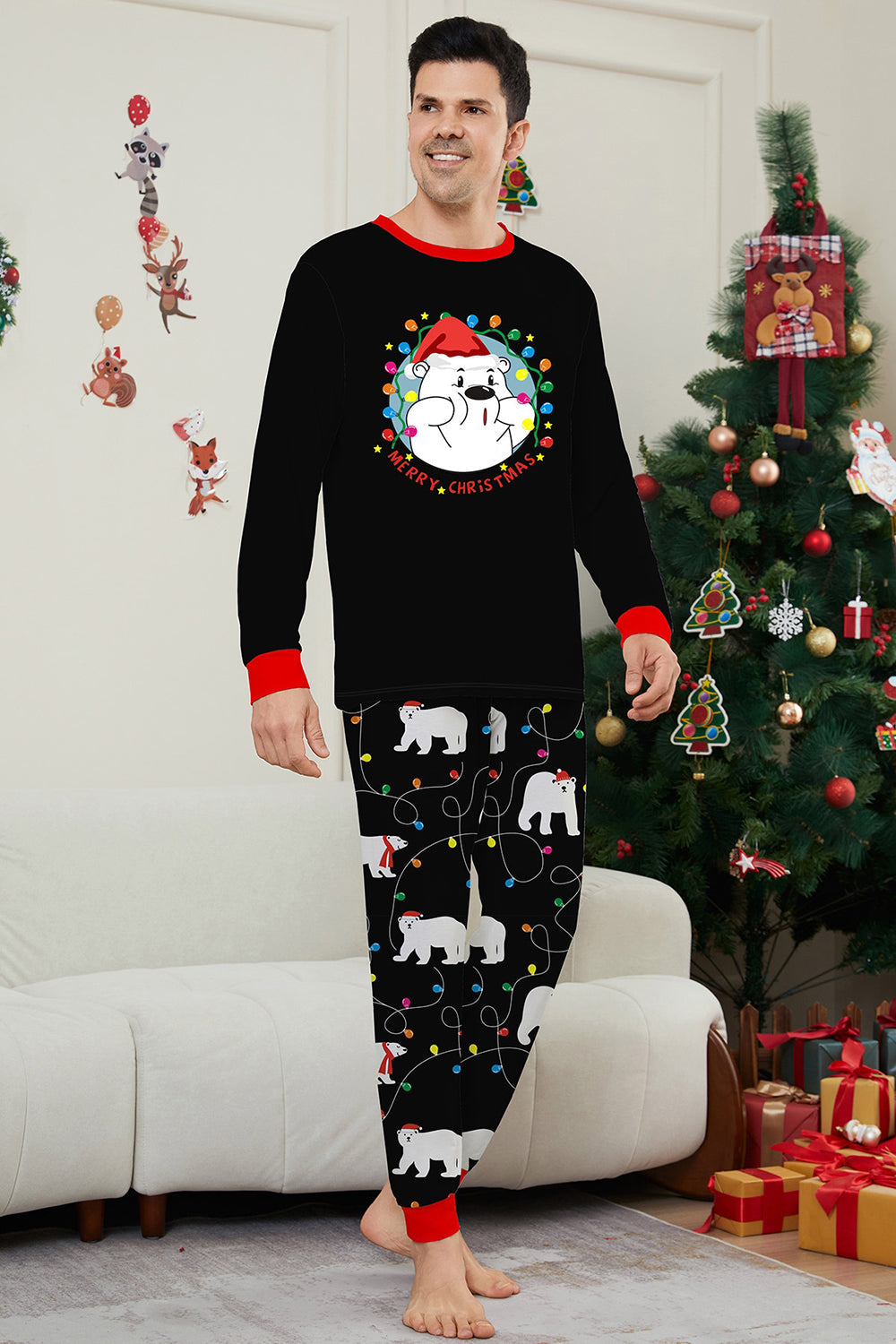 Pyjama familial noir à manches longues à motif poire assorti
