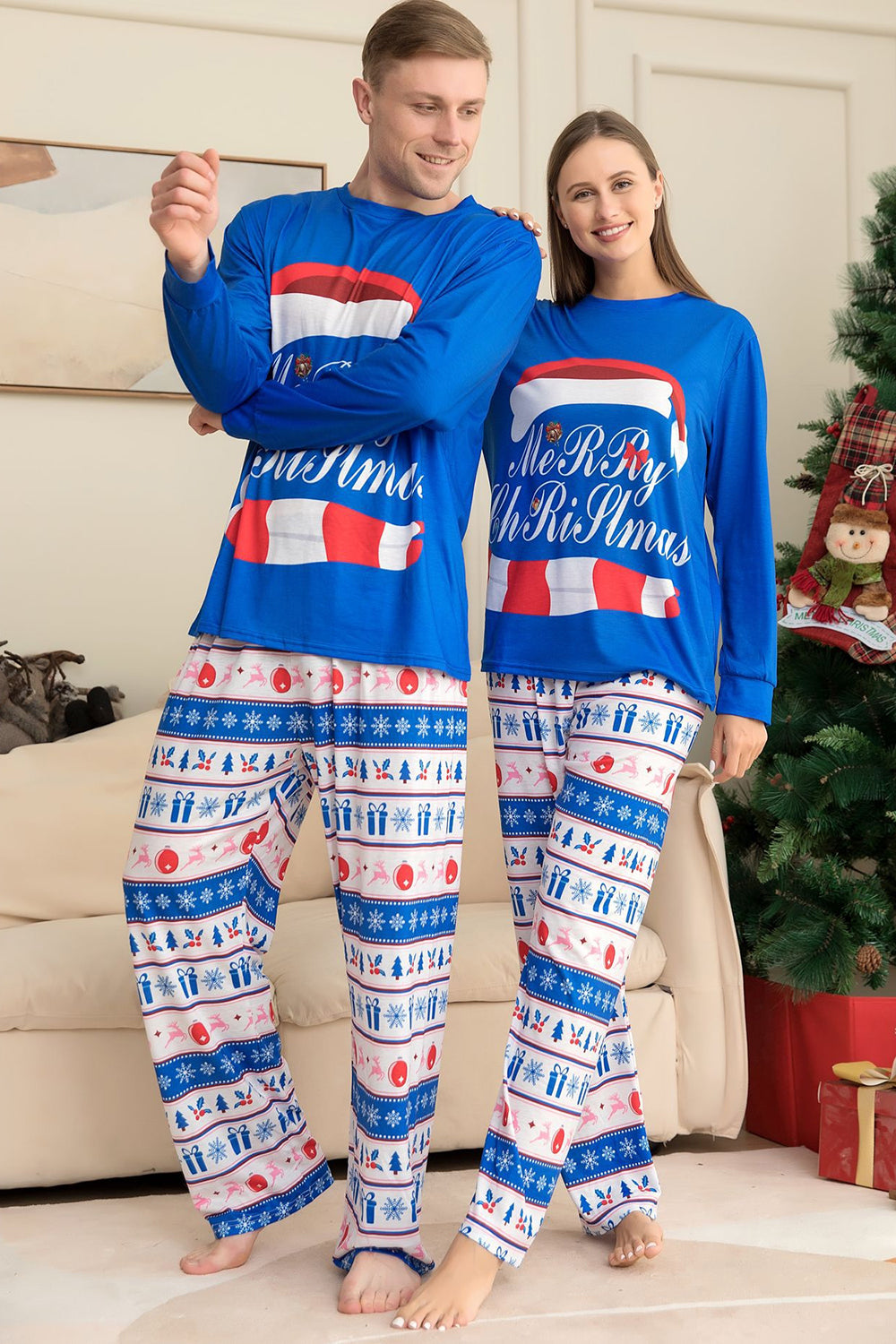 Ensemble pyjama de Noël à manches longues imprimé bleu