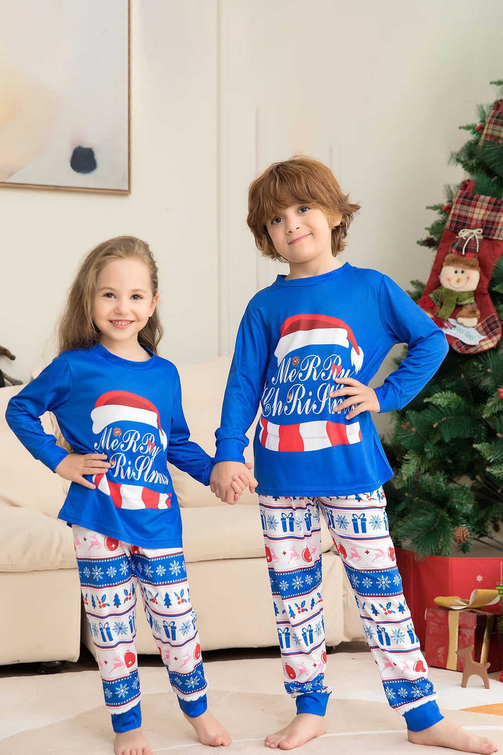 Ensemble pyjama de Noël à manches longues imprimé bleu