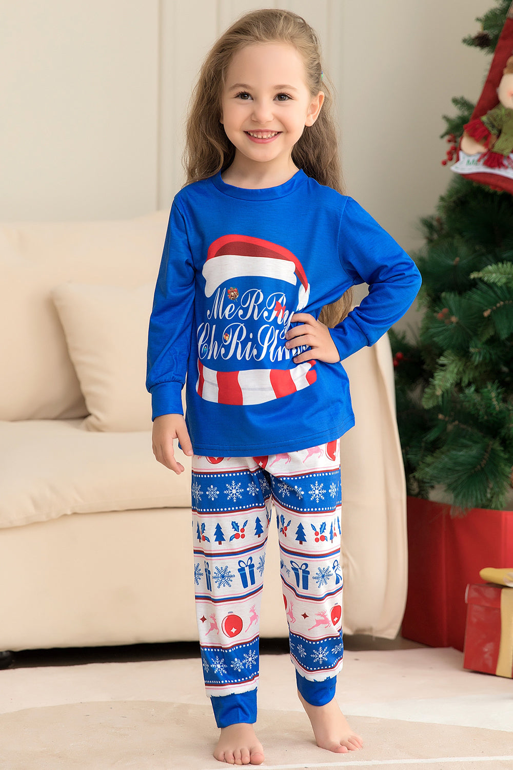 Ensemble pyjama de Noël à manches longues imprimé bleu