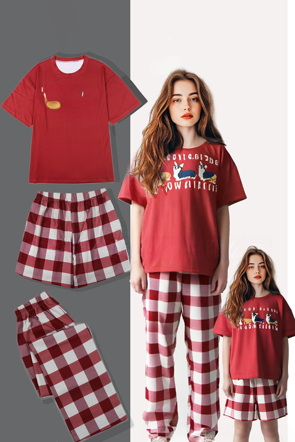 Pyjama familial assorti à manches courtes imprimé chien rouge