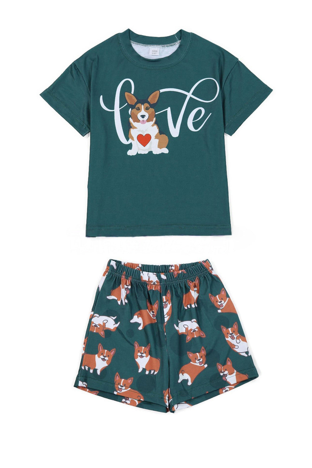 Pyjama familial assorti à manches courtes imprimé chien vert foncé