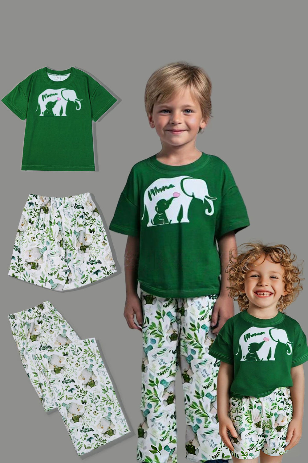 Pyjama familial assorti à manches courtes imprimé vert foncé