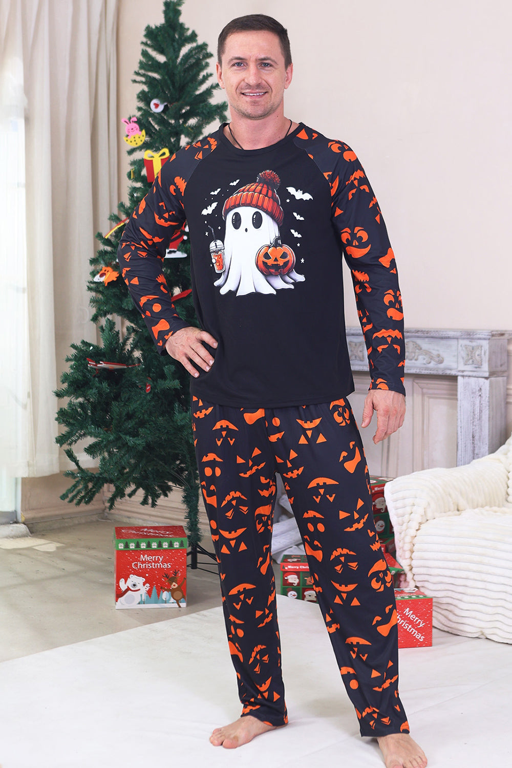 Pyjama d’Halloween familial à manches longues imprimé bleu marine