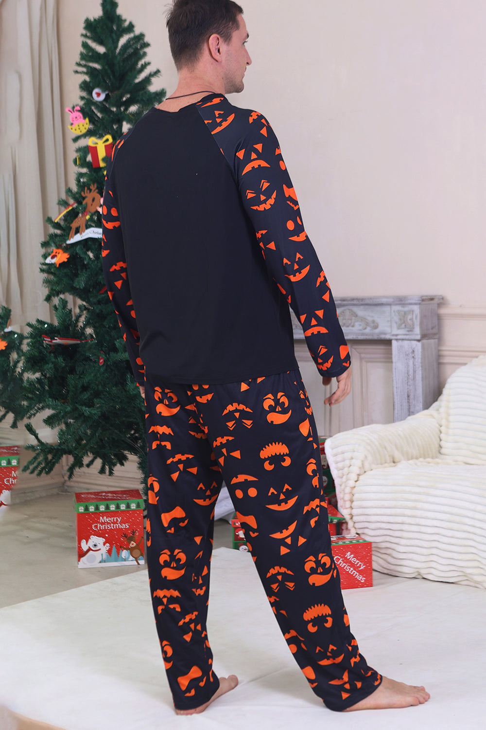 Pyjama d’Halloween familial à manches longues imprimé bleu marine