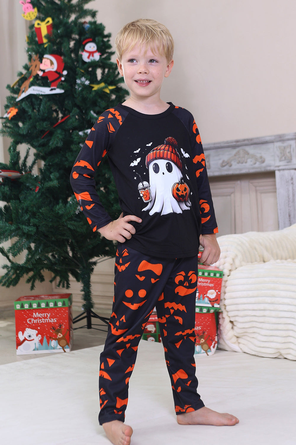 Pyjama d’Halloween familial à manches longues imprimé bleu marine