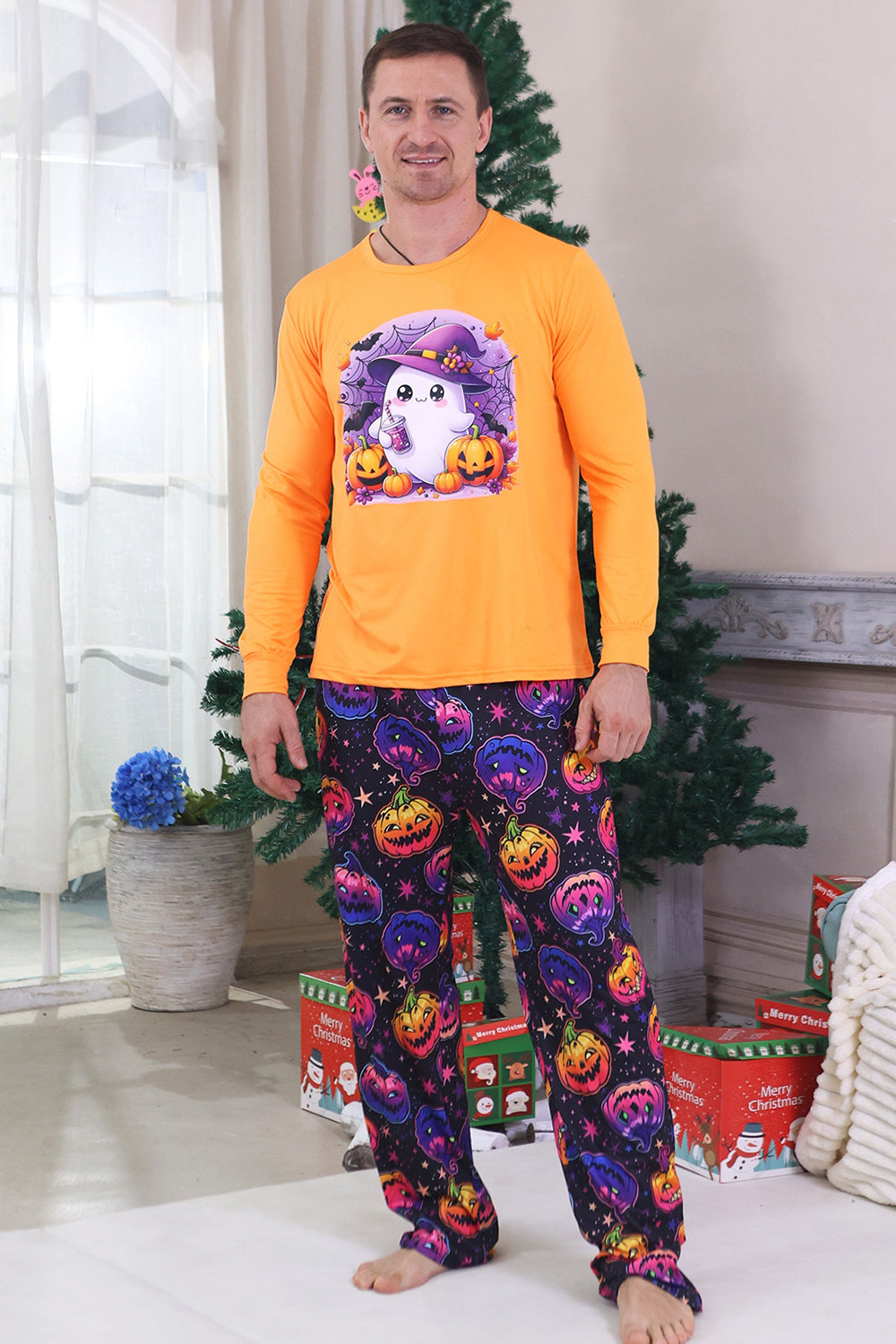 Pyjama d’Halloween familial à manches longues imprimé orange