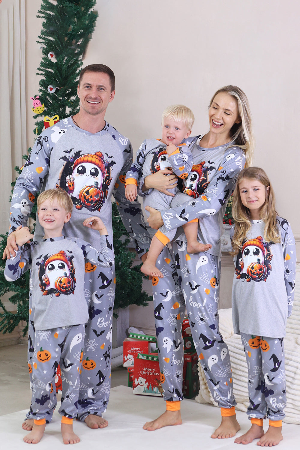 Pyjama familial d’Halloween à manches longues imprimé gris