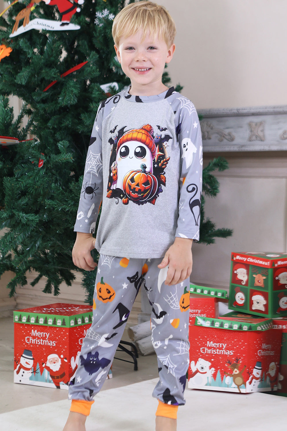 Pyjama familial d’Halloween à manches longues imprimé gris