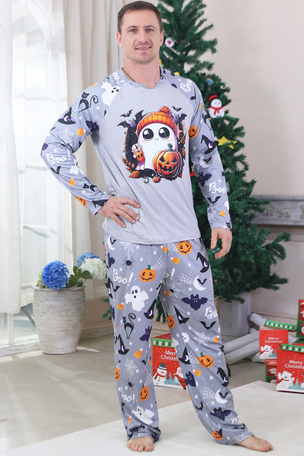 Pyjama familial d’Halloween à manches longues imprimé gris