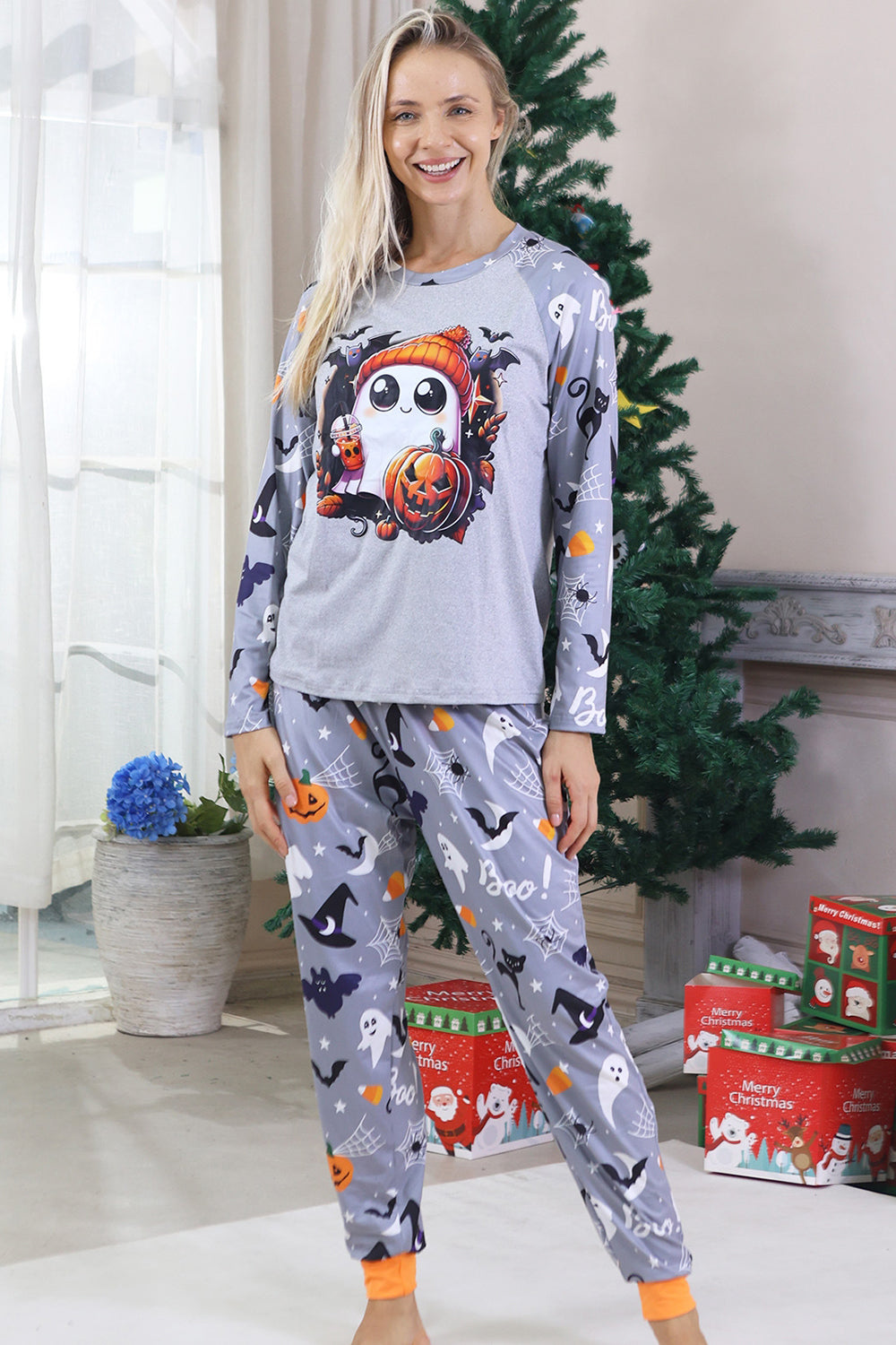 Pyjama familial d’Halloween à manches longues imprimé gris