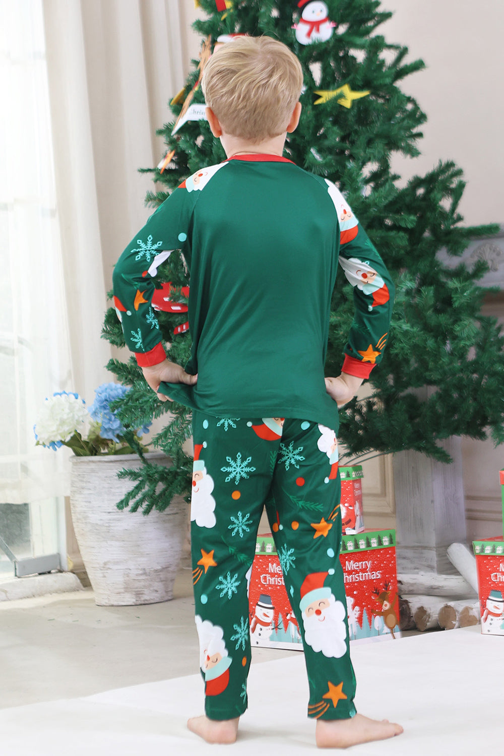 Pyjama de Noël familial à manches longues imprimé Père Noël vert foncé