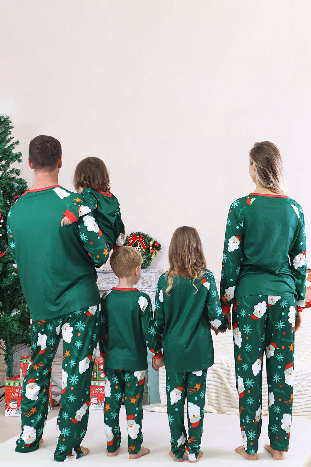 Pyjama de Noël familial à manches longues imprimé Père Noël vert foncé