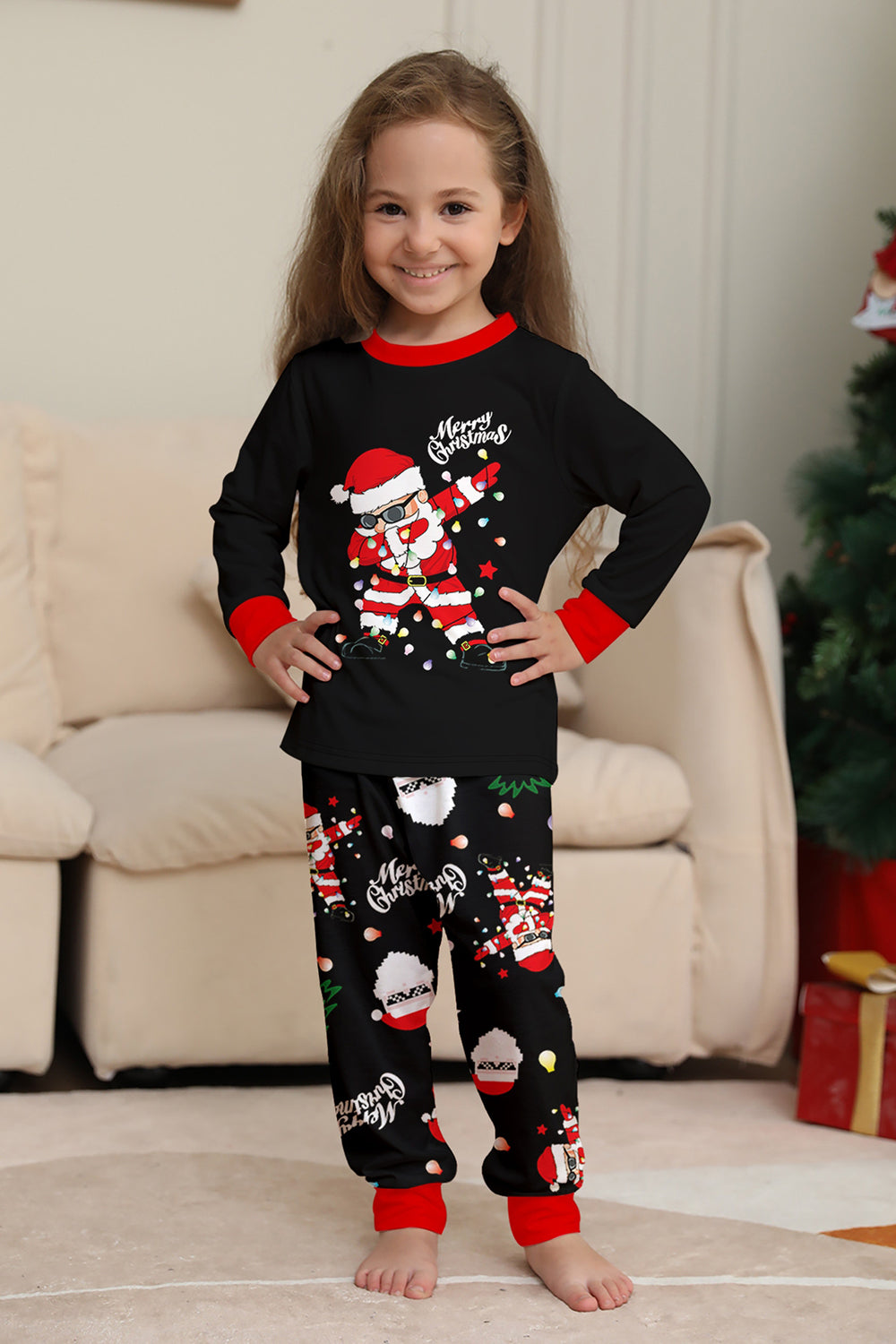 Noir Noël Père Noël Imprimé Famille Pyjamas Assortis Ensembles