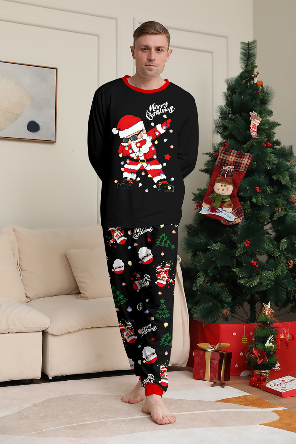 Noir Noël Père Noël Imprimé Famille Pyjamas Assortis Ensembles