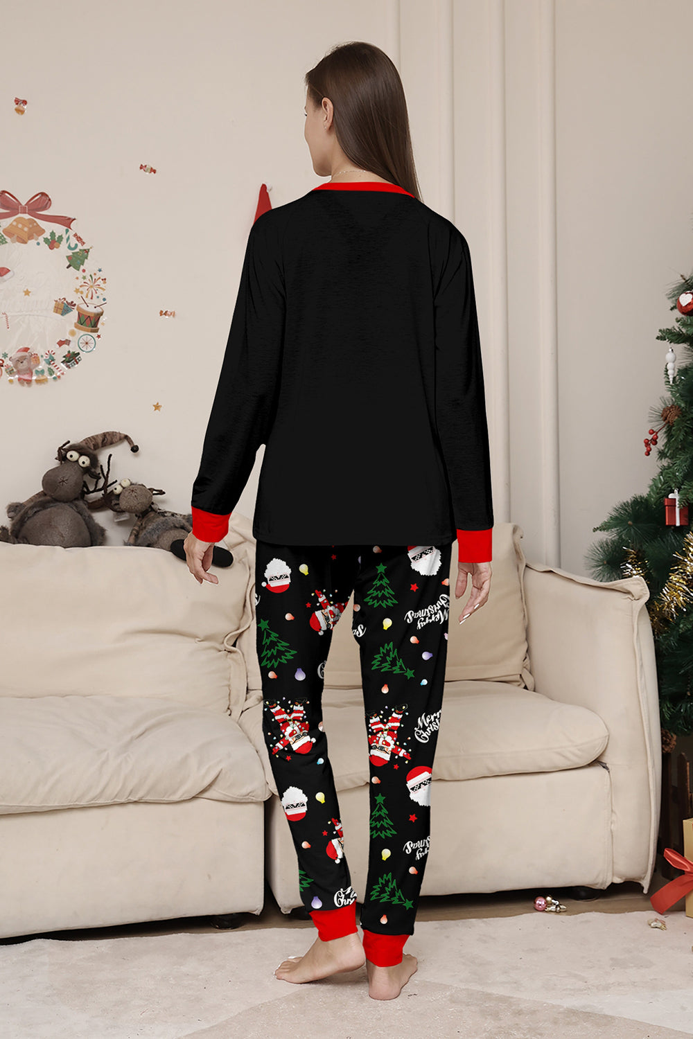 Noir Noël Père Noël Imprimé Famille Pyjamas Assortis Ensembles