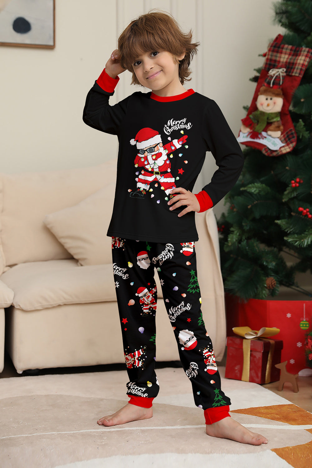 Noir Noël Père Noël Imprimé Famille Pyjamas Assortis Ensembles