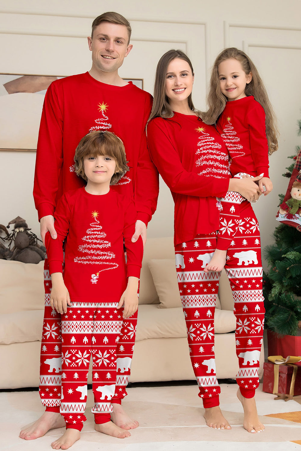 Arbre à imprimé rouge à manches longues Famille de Noël Pyjama assorti