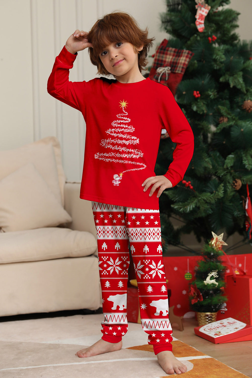 Arbre à imprimé rouge à manches longues Famille de Noël Pyjama assorti
