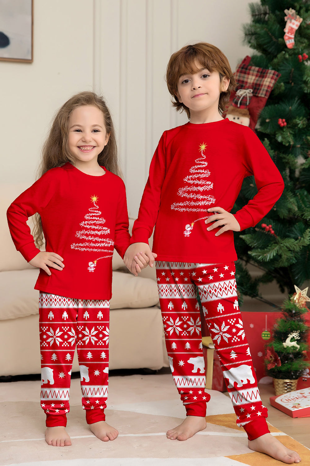 Arbre à imprimé rouge à manches longues Famille de Noël Pyjama assorti