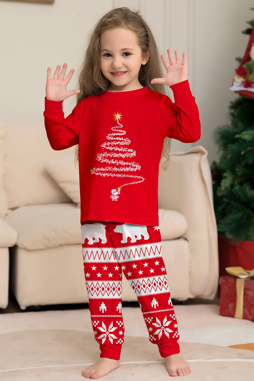 Arbre à imprimé rouge à manches longues Famille de Noël Pyjama assorti