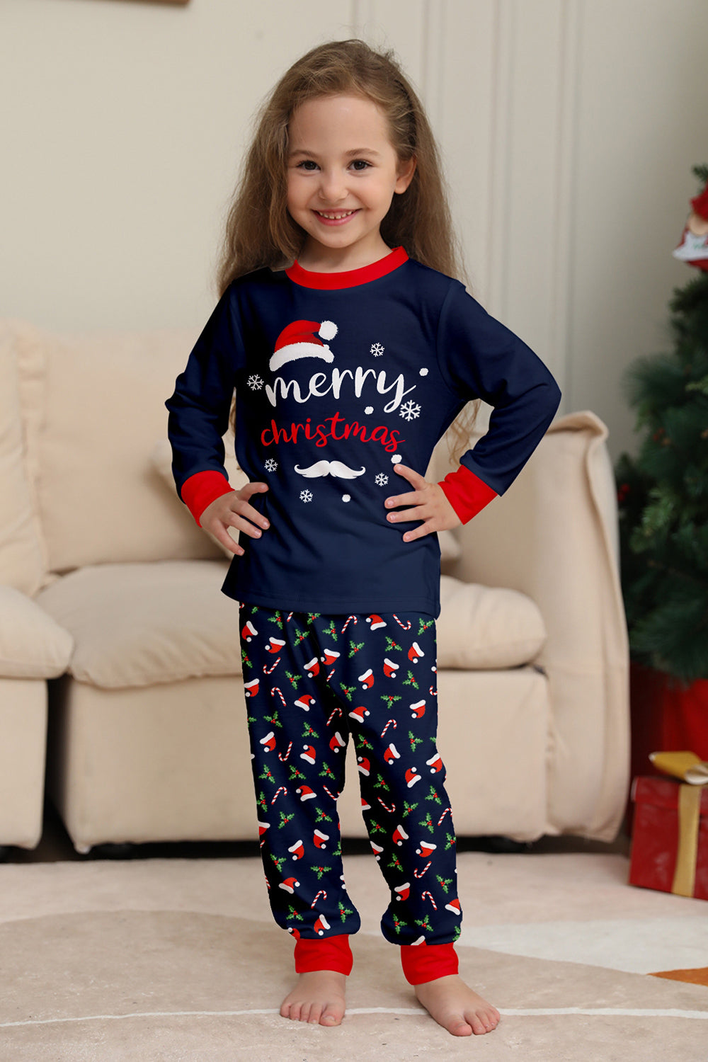 Ensemble de pyjama assorti familial imprimé Joyeux Noël bleu marine