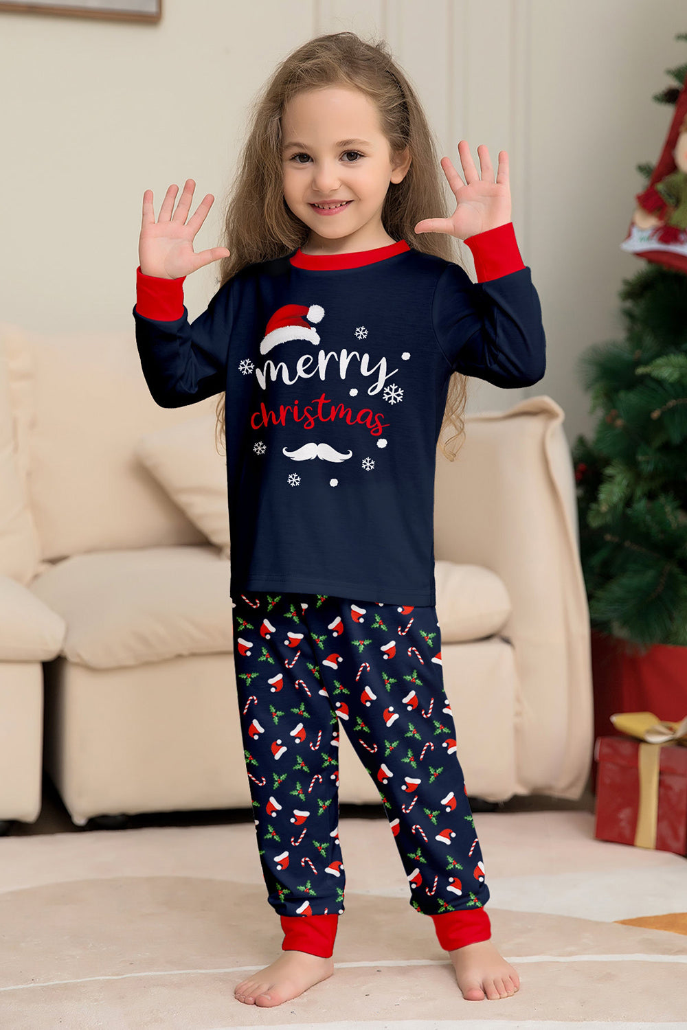 Ensemble de pyjama assorti familial imprimé Joyeux Noël bleu marine