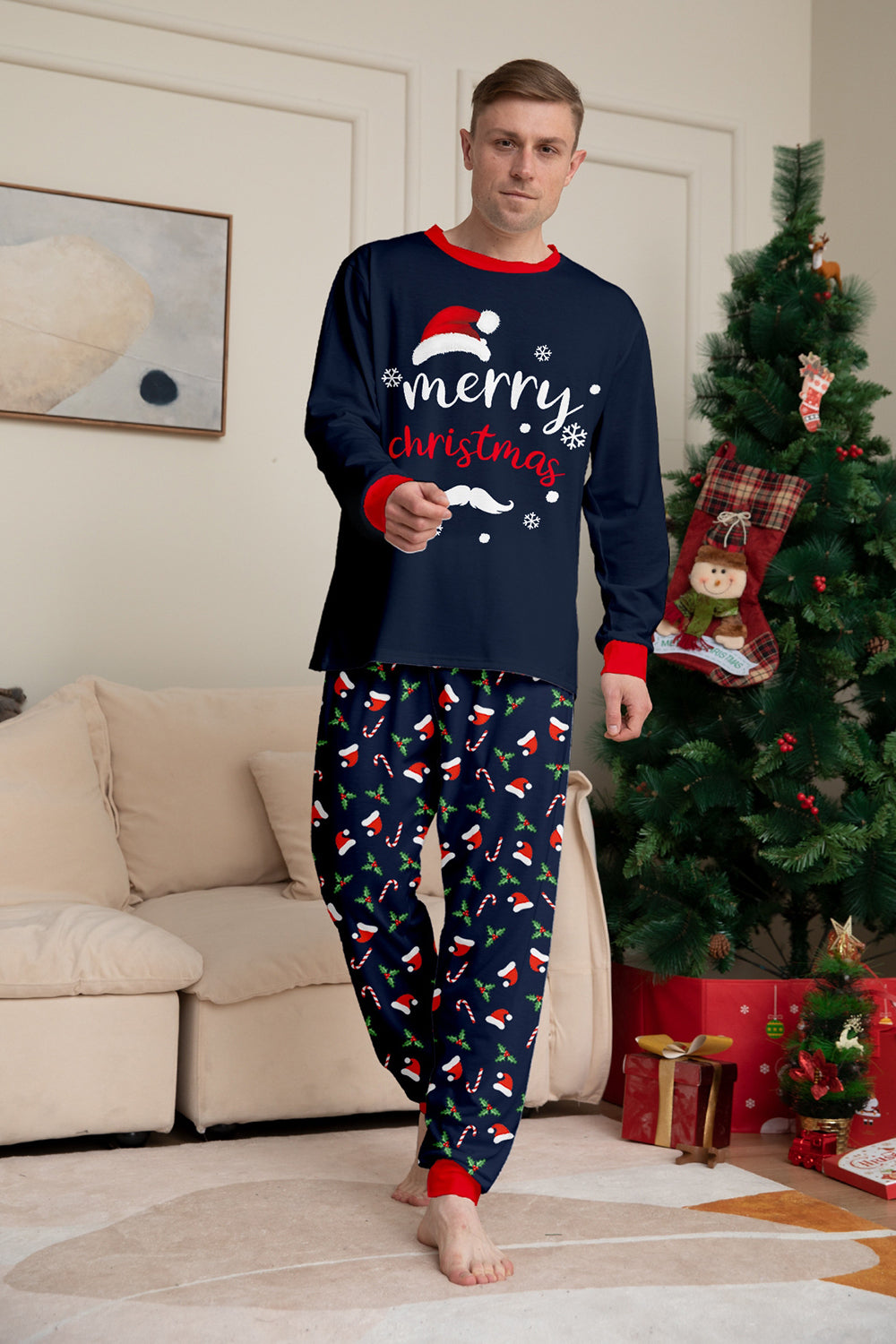 Ensemble de pyjama assorti familial imprimé Joyeux Noël bleu marine