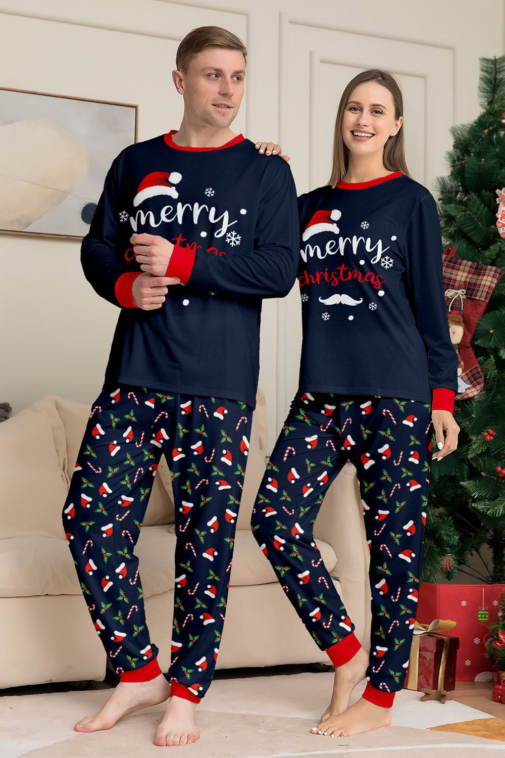 Ensemble de pyjama assorti familial imprimé Joyeux Noël bleu marine