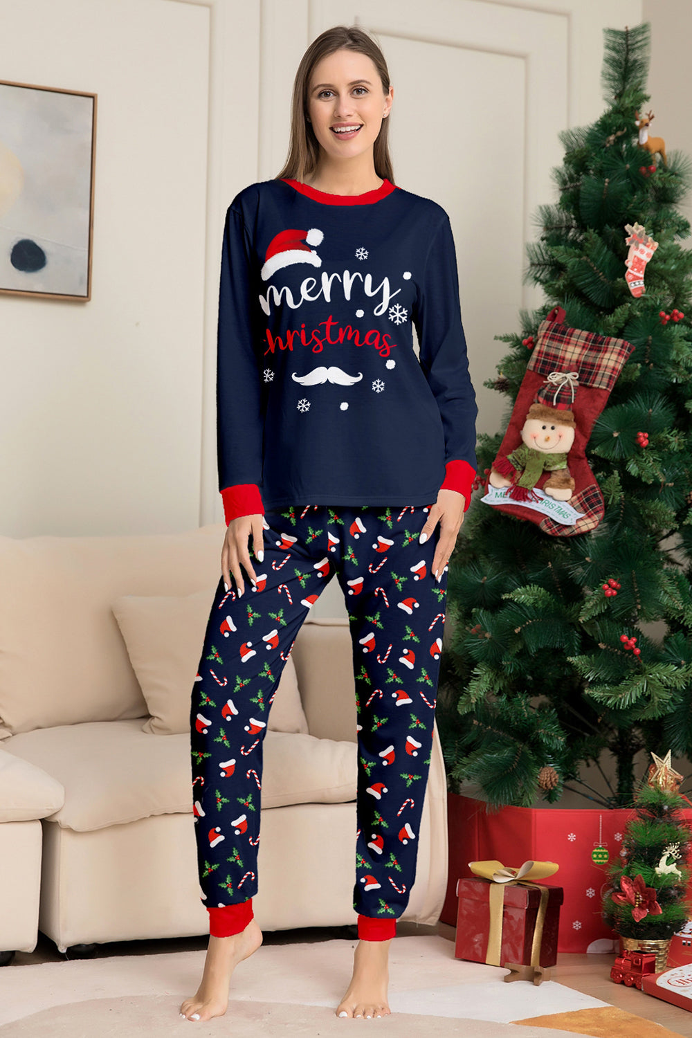 Ensemble de pyjama assorti familial imprimé Joyeux Noël bleu marine