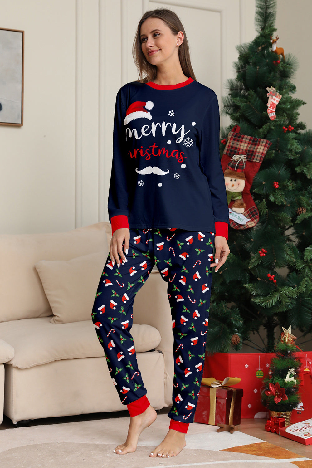 Ensemble de pyjama assorti familial imprimé Joyeux Noël bleu marine