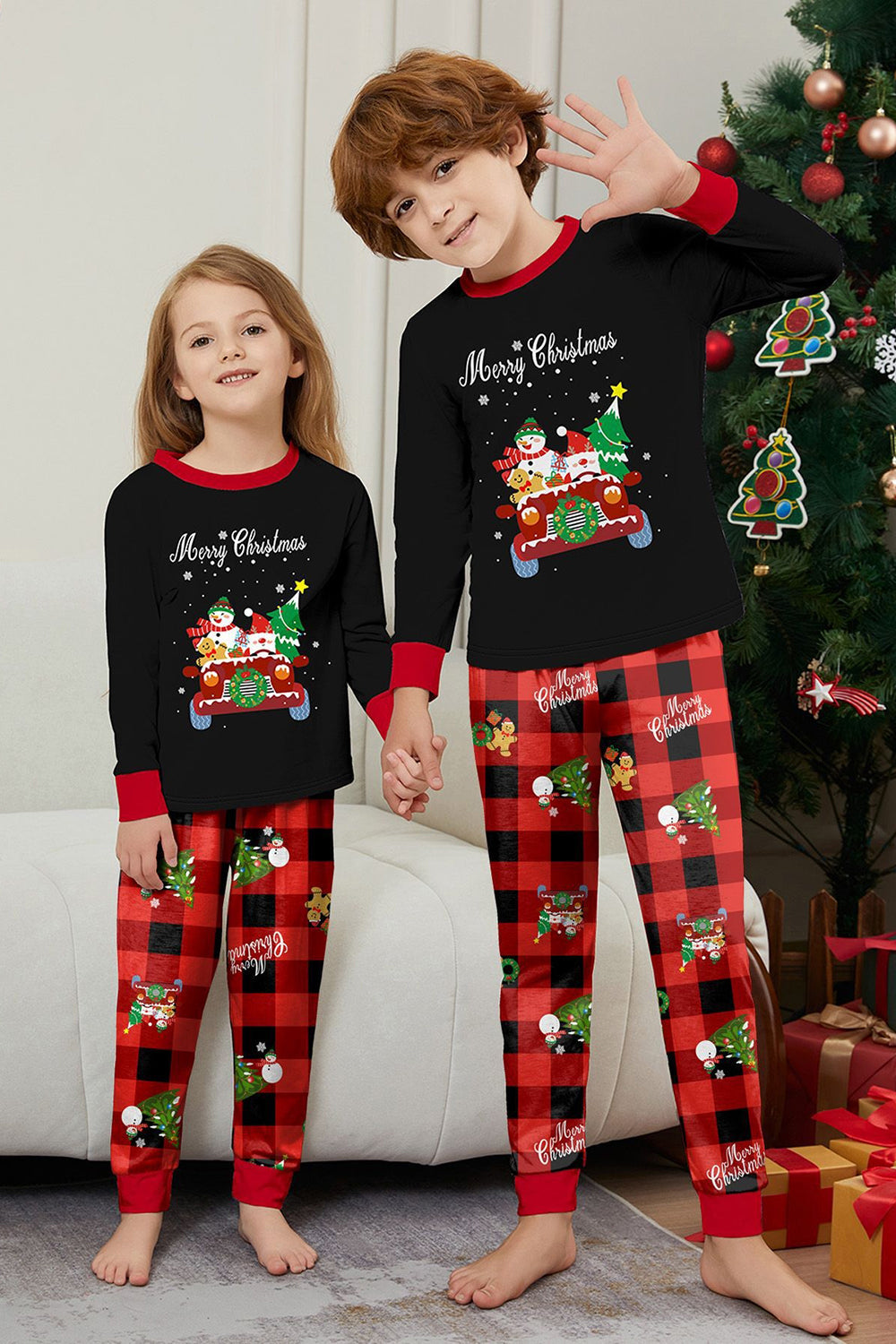Noir Rouge Imprimé Joyeux Noël Plaid Famille Ensemble de pyjama assorti
